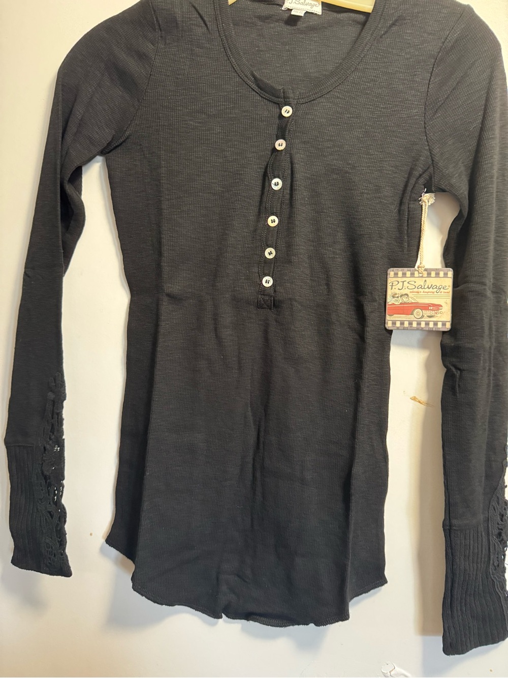 P.J. Salvage Henley Thermal Top features crochet bottom sleeves - NWT - Size XS